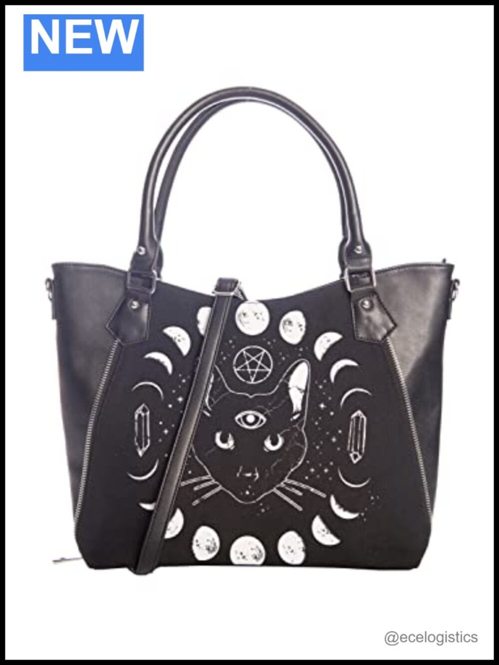 Goth Canvas Tote Bag - Pentagram Cat Moonphase Handbag with Faux Leather Trim,